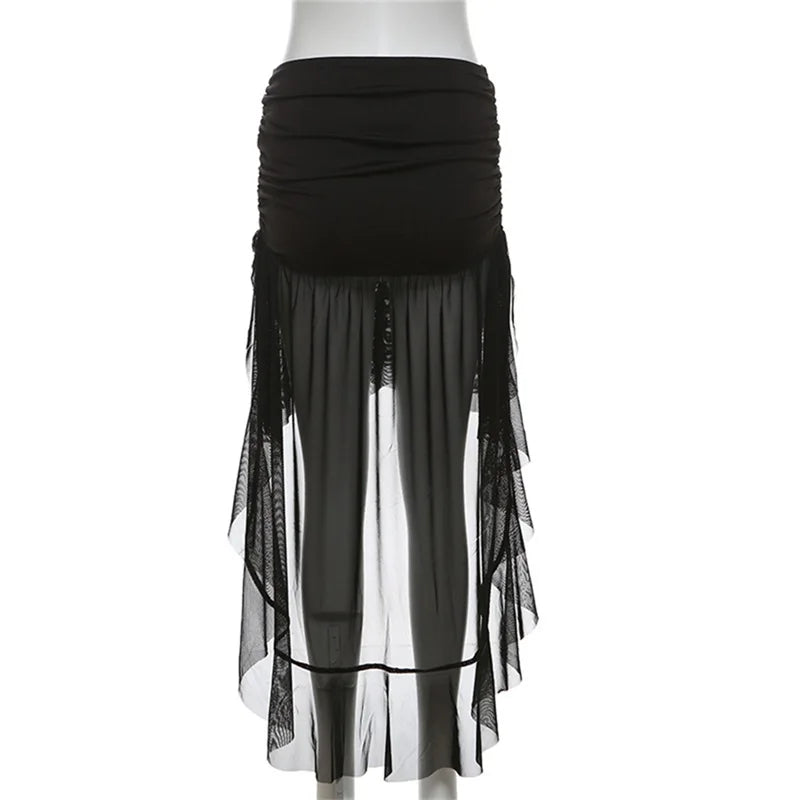 Lamuusaa Mesh Skirt y2k Clothes Women Solid Color High Waist Ruched Irregular Ruffle Hem Skirt Evening Party Skirts Streetwear