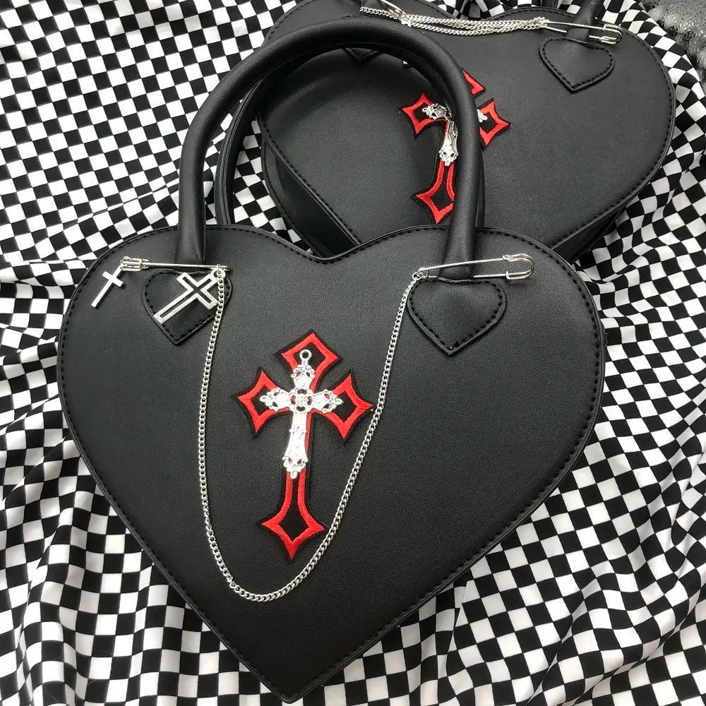 Gothic Style Women's Love Heart Purse Handbags Y2k Hot Girls Punk Shoulder Bag Metal Decoration Female Black Cool Messenger Bags