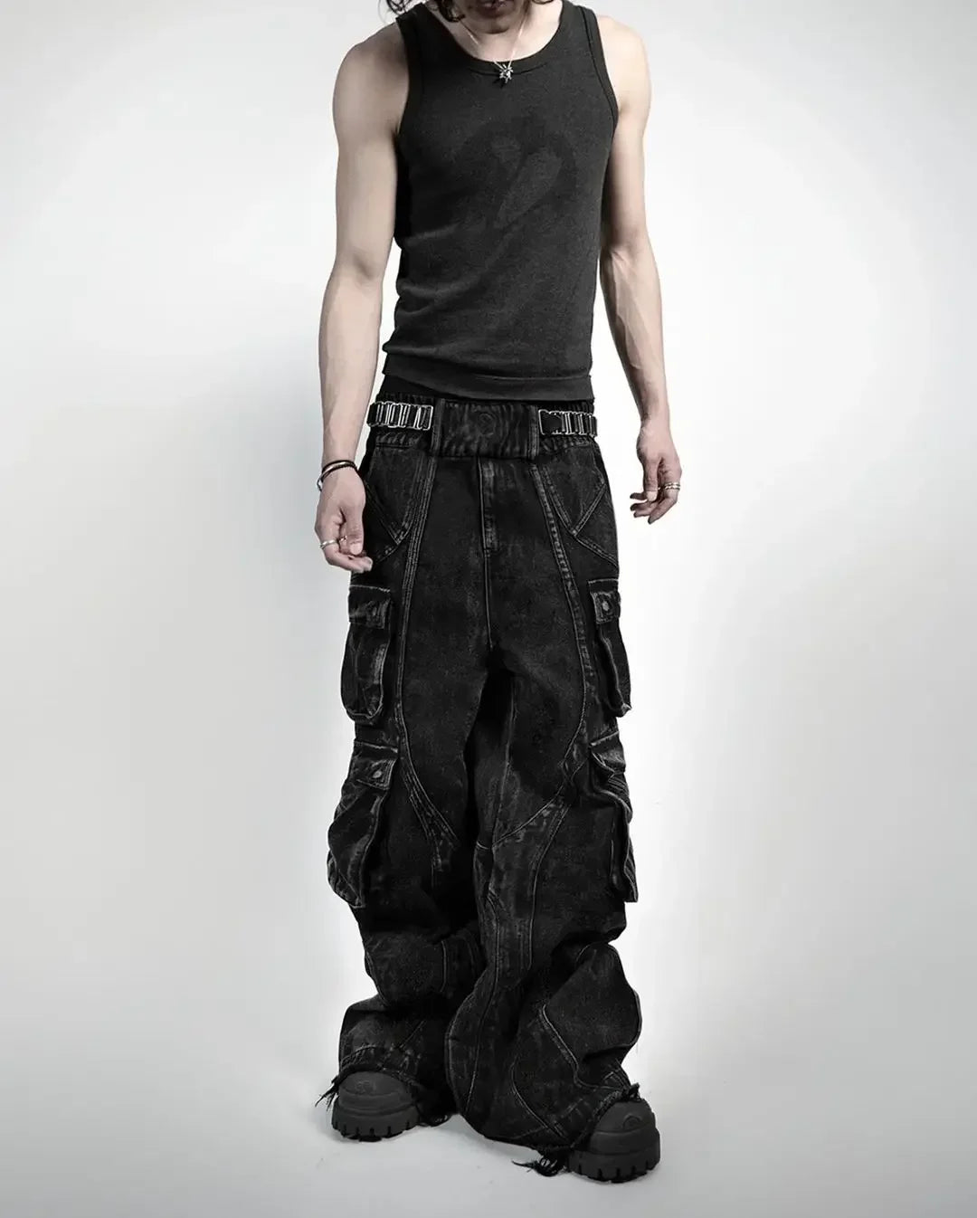 American Vintage Gothic Black Y2K Washed Multi-Pocket Spliced Raw Edge Jeans Mens Loose Street Trend Hip Hop Rap Wide Leg Pants