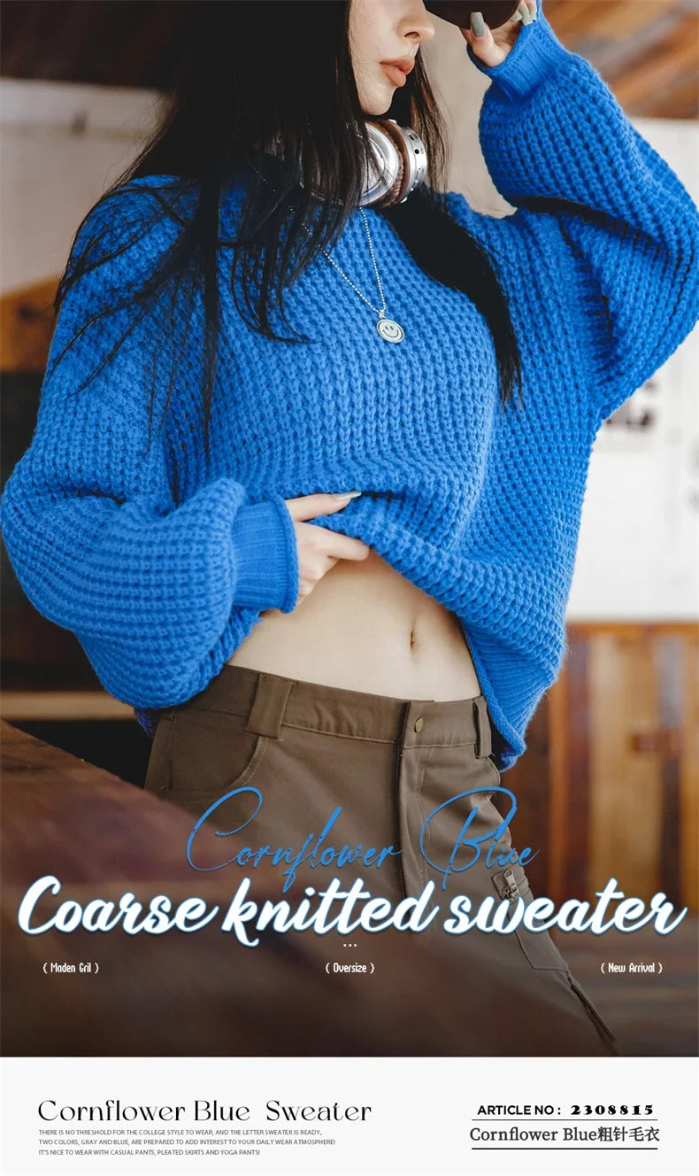MADEN Women Cornflower Blue Knitted Sweater 2024 New Autumn Winter Long Sleeve Curled Collar Knitwear Warm Pullover Sweater