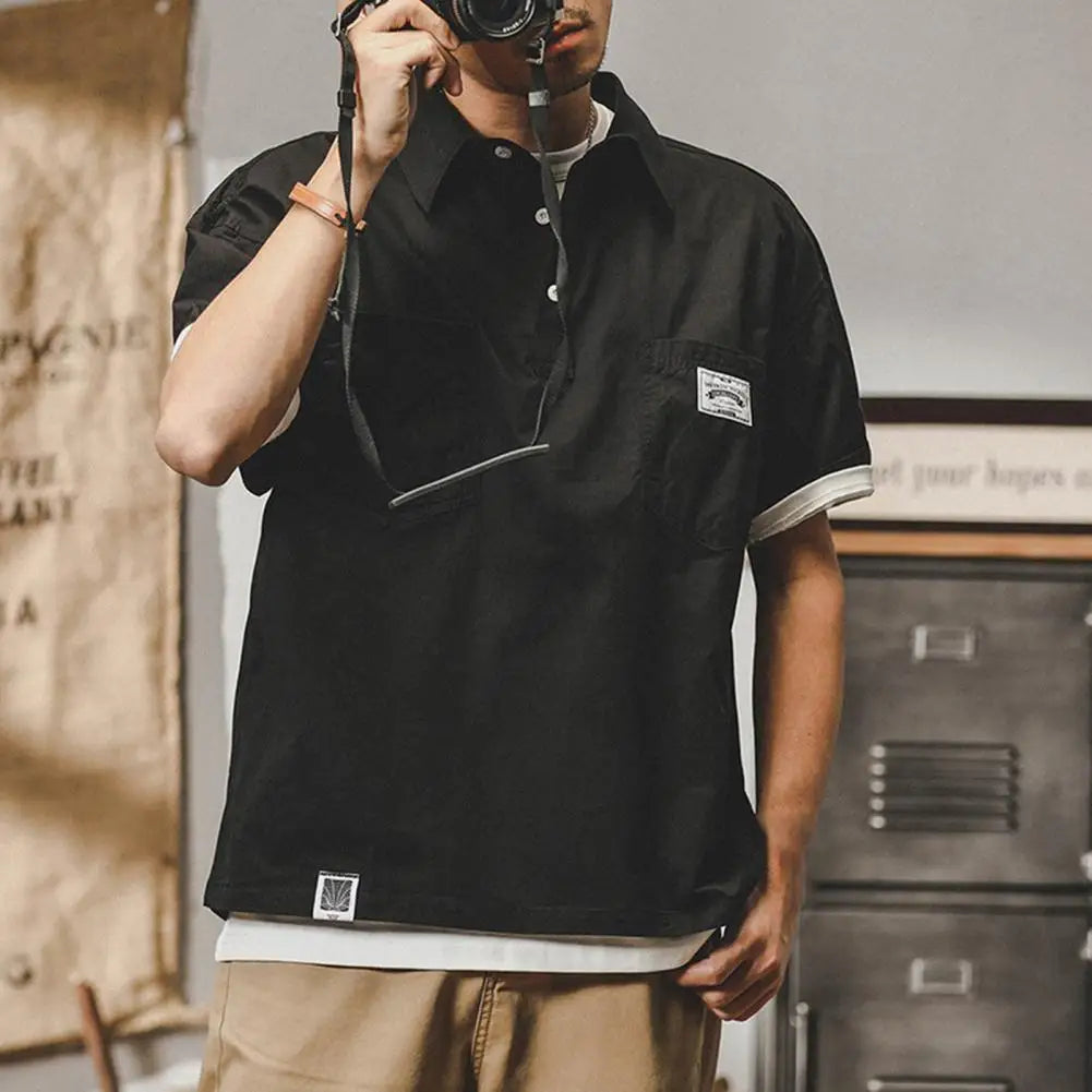 Man Shirts Summer Cargo Shirt American Retro Loose Short Sleeves Lapel Men Tops Work Shirt Multi Pockets Half Sleeve Casual Tops
