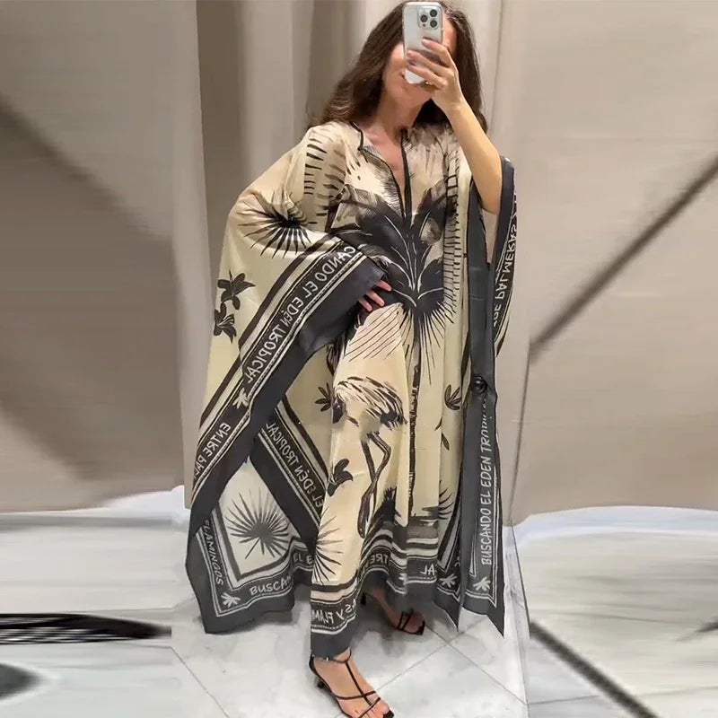Fashion Print Pleated Long Dresses Women Party O-neck Full Sleeve Female Holiday Dresses 2025 Summer Lady Elegant  Robes