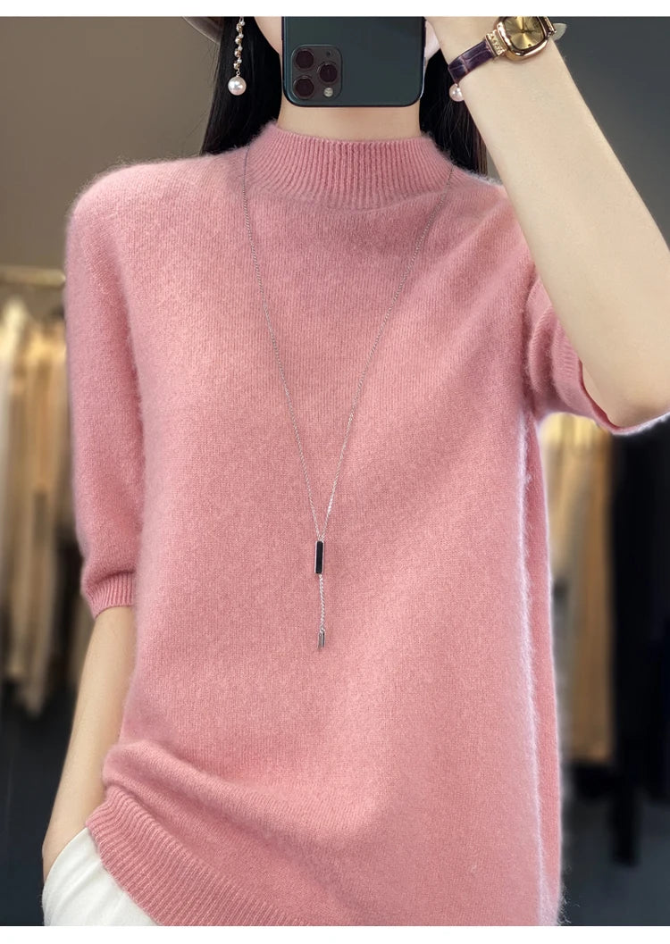 100% pure wool short sleeve summer new women's semi-high neck pullover blouse loose knit vest fashion T-shirt