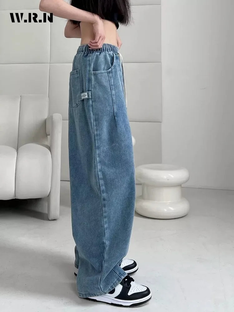 2025 Summer Women's Casual Harajuku Jeans Vintage Loose Elastic Waist Washed Pants Y2K Wide Leg Punk Baggy Denim Trouser