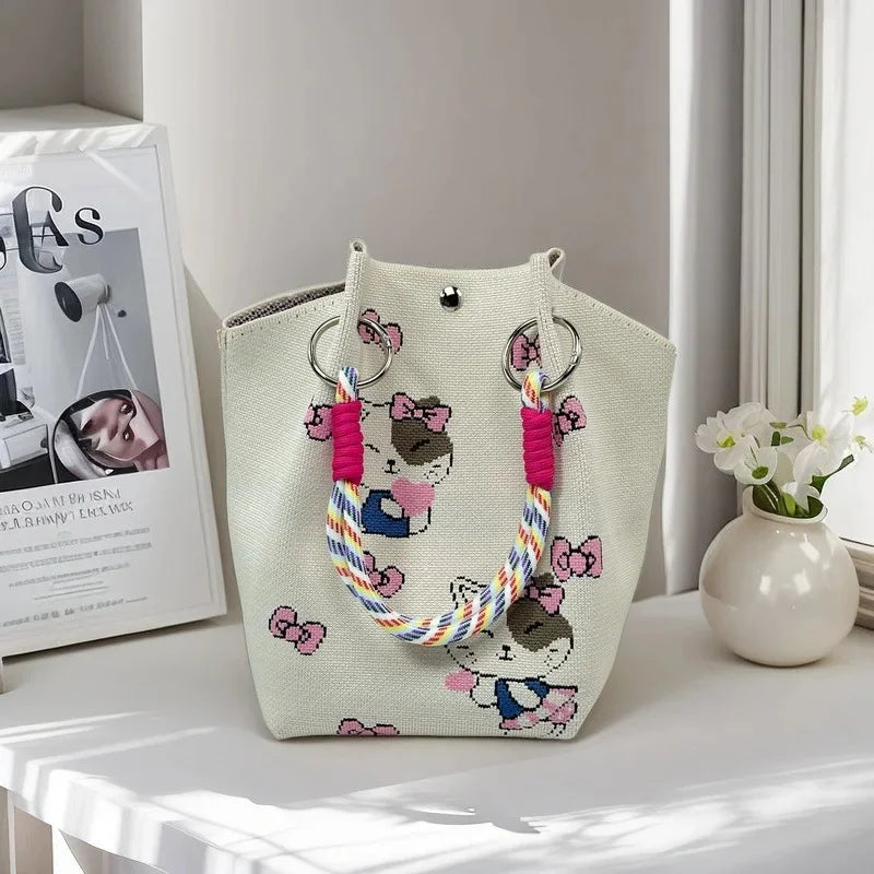 Cute Cat Design Large Capacity Portable Tote Bag Casual Versatile Commuter Bucket Bag Polyester Fiber Handbag from Mainland Chin