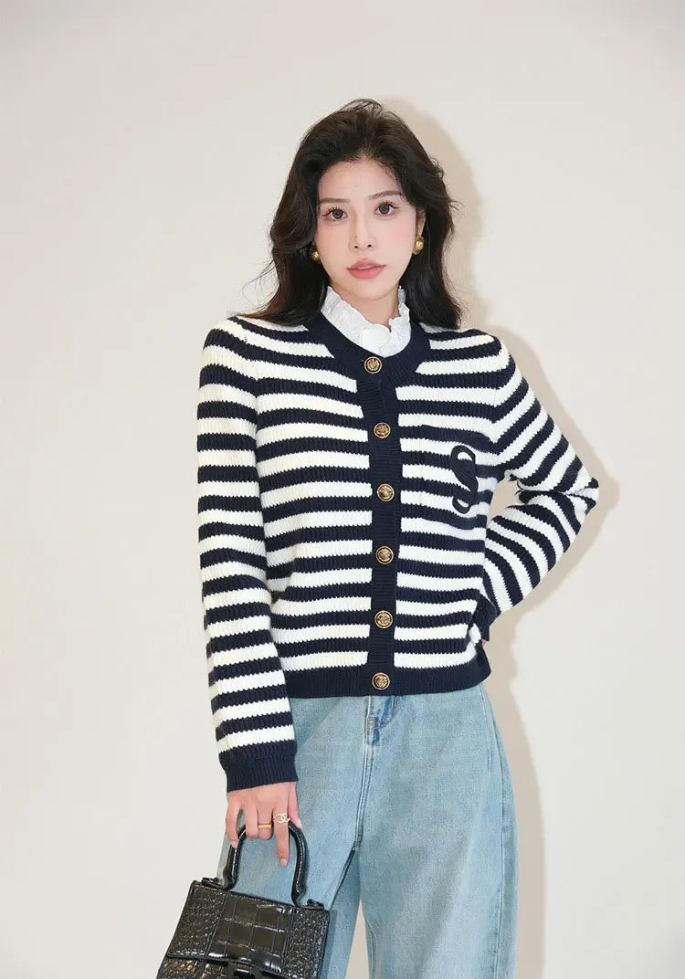 2024 Spring Classic S Letter Knit Cardigan Coat Women Stripe Sweater Ruffles Collar Tops Luxury Designer Brand Chic Y2K Clothing