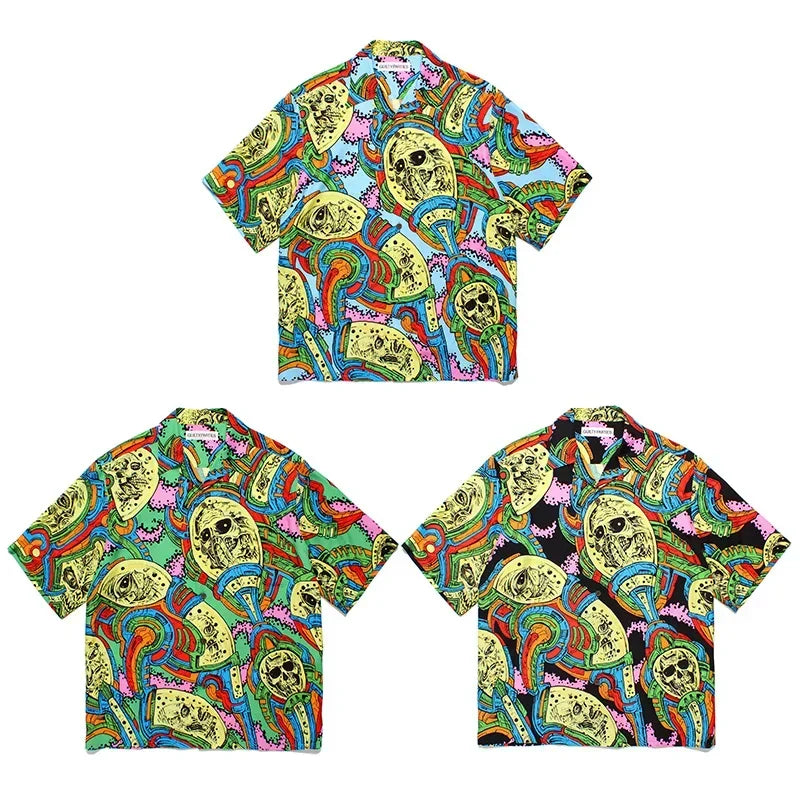 Summer Blue Letters Embroidery WACKO MARIA Shirts Men Women Graphics Print Hawaiian Short Sleeve Tee Casual Fashion Beach Shirt