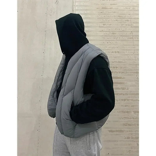 Linear Split Silhouette Autumn Winter Tops for Men Warm Loose High Street Padded Waistcoat Deconstructed Vibe Nylon Zipper Vest