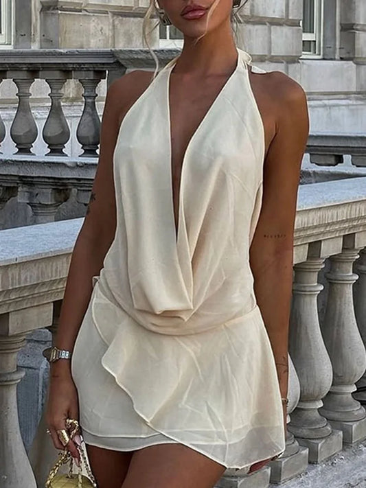 TSDFC Vintage Dress Women Fashion Sexy Sleeveless Dresses Solid Slim Backless V Neck Ruffles Mini 2025 New Spring Summer Dress