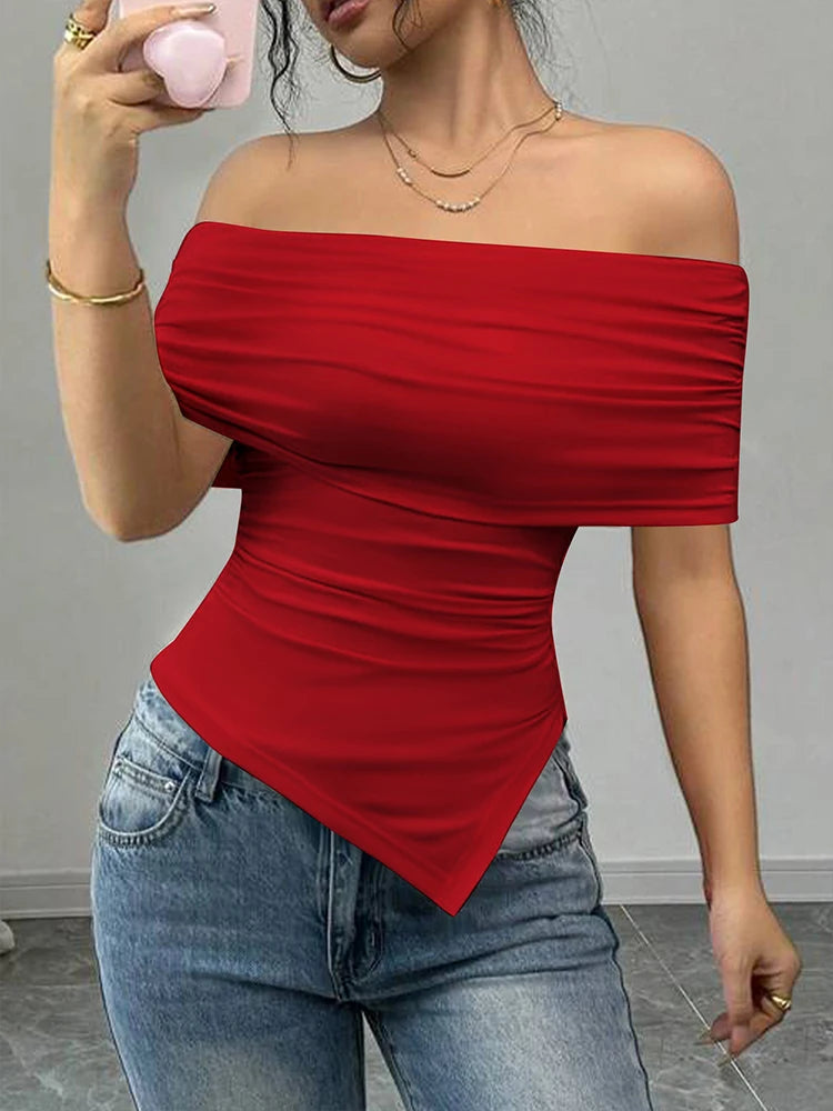 Women New T-shirt Summer Fashion Slash Neck Streetwear Casual Slim Versatile Tees Solid Sexy Off Shoulder Elegant Lady Clothing