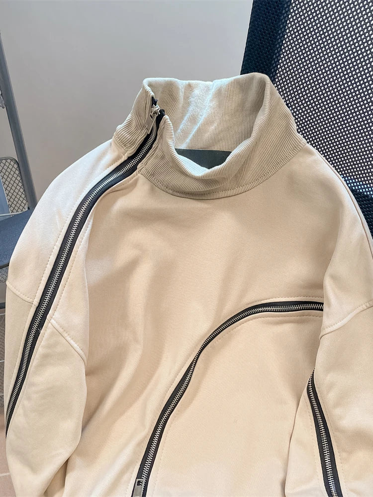 American Lazy Style Hoodies Stand Neck Solid Color Design Spring Autumn Sweatshirts Casual Loose All Match 2024 Women Clothing