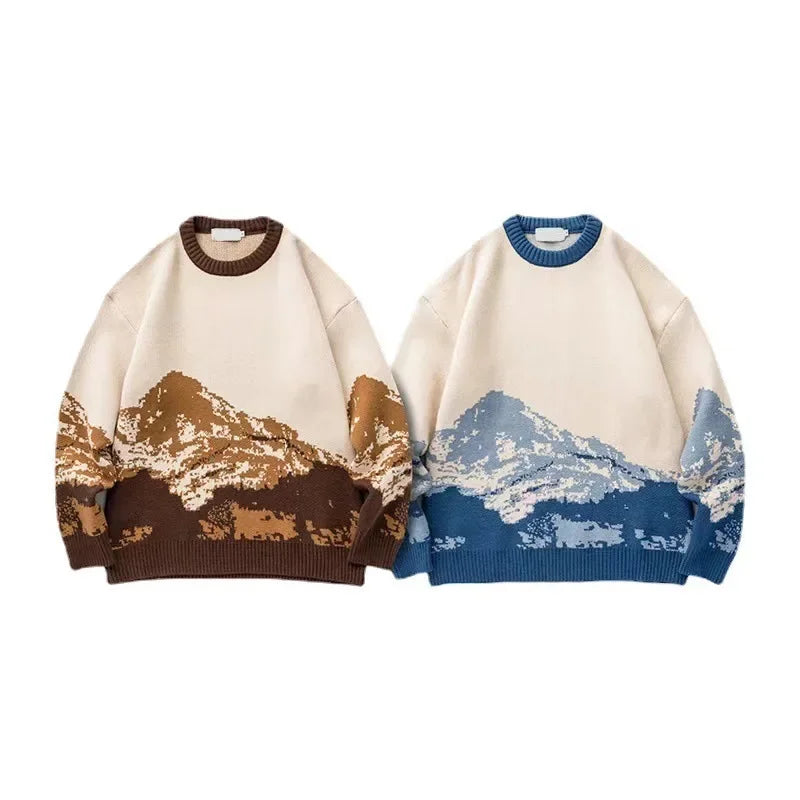 Autumn Winter Trendy Round Neck Men's Sweater Loose-fit Knitted Top Long Sleeve Jacket Casual Scene Snow Mountain System