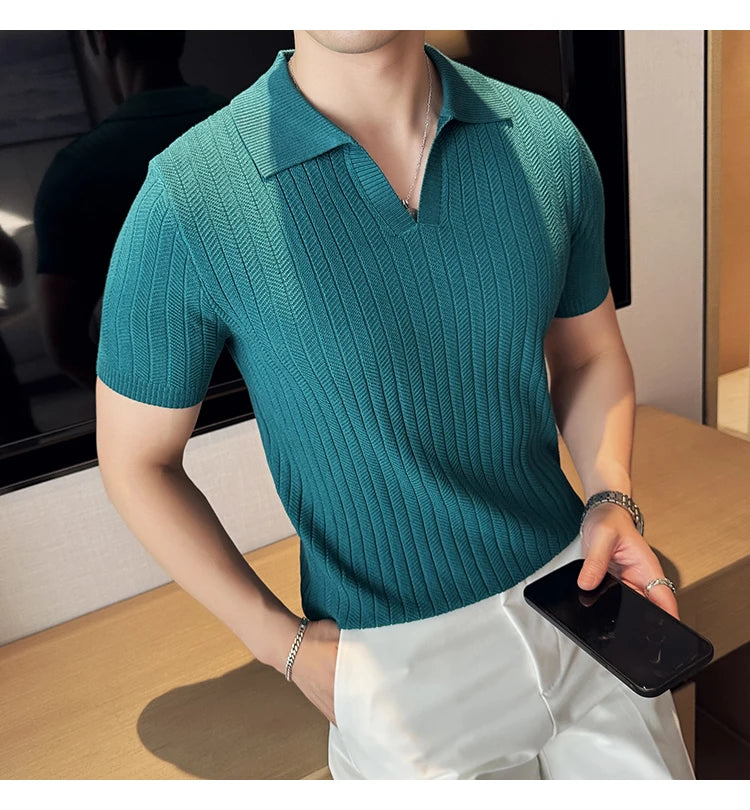 Men Striped Polo Shirt 2025 Summer Light Thin Breathable Solid Casual Elastic Slim Fit Short Sleeved V-neck T-shirt Men Clothing