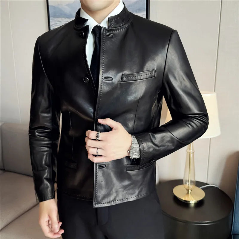 Autumn  Chinese Style Stand Up Collar Leather Jacket Men's Motorcycle Jackets High-end Casual Business Short PU Leather Coats
