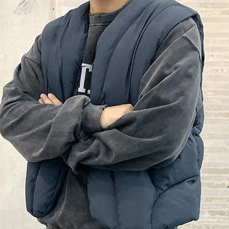 Linear Split Silhouette Autumn Winter Tops for Men Warm Loose High Street Padded Waistcoat Deconstructed Vibe Nylon Zipper Vest