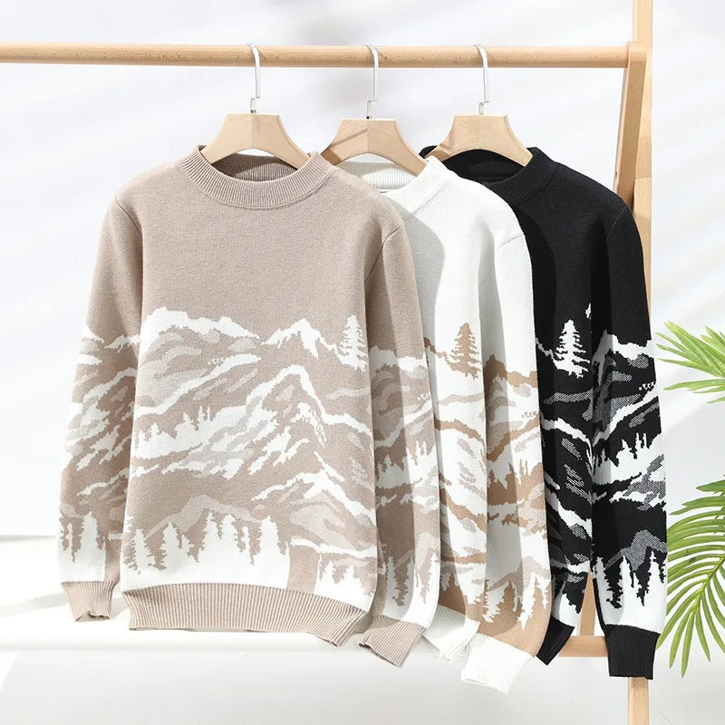 Men Knitwear Retro Couple Street Print Sweater Winter Men Women Loose Sweater Round Neck Pullover Knitting Korean Sweater