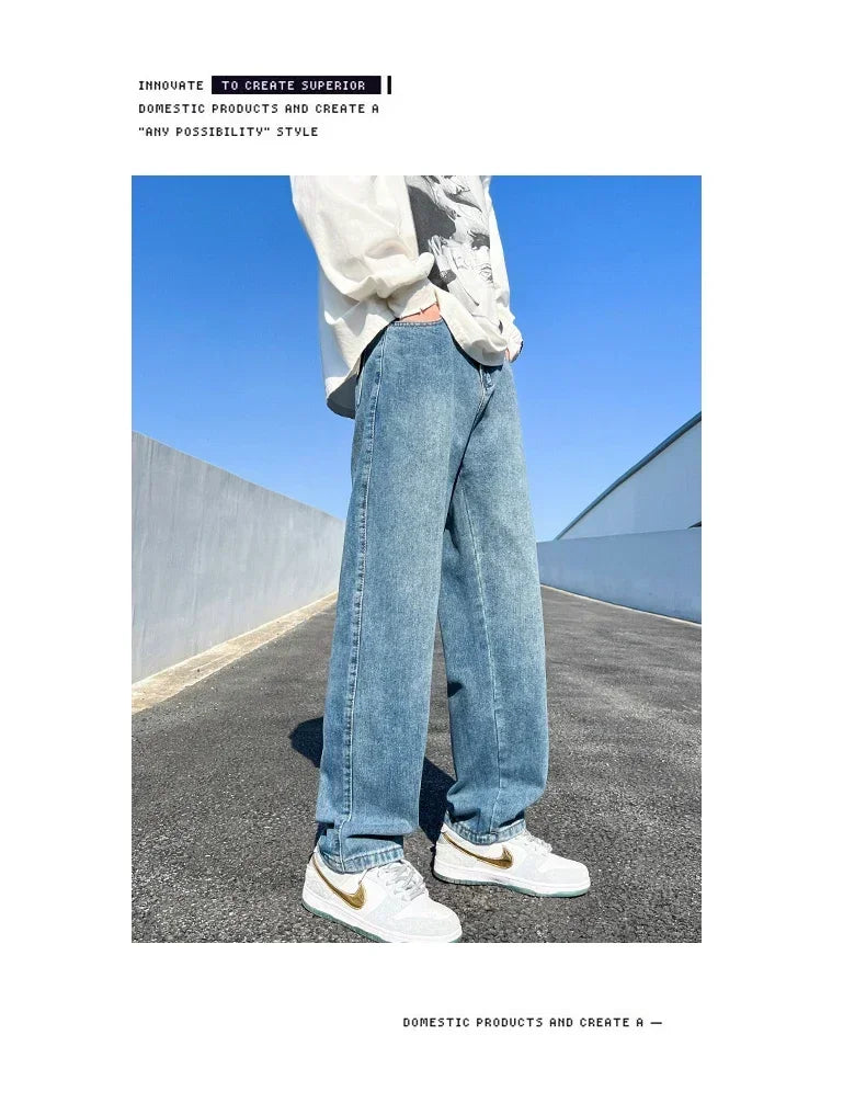 Men's Jeans Spring Autumn Extend Straight Vintage Blue Casual Baggy Jeans Korean Trousers Classic Wide Leg Fashion Denim Pants