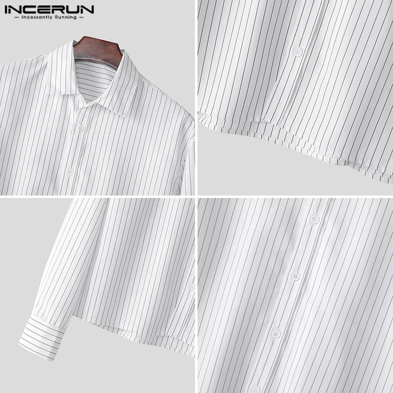 INCERUN Tops 2025 Korean Style Men's Casual Simple Striped Cropped Shirt Fashion Streetwear Male Hot Selling Long Sleeved Blouse