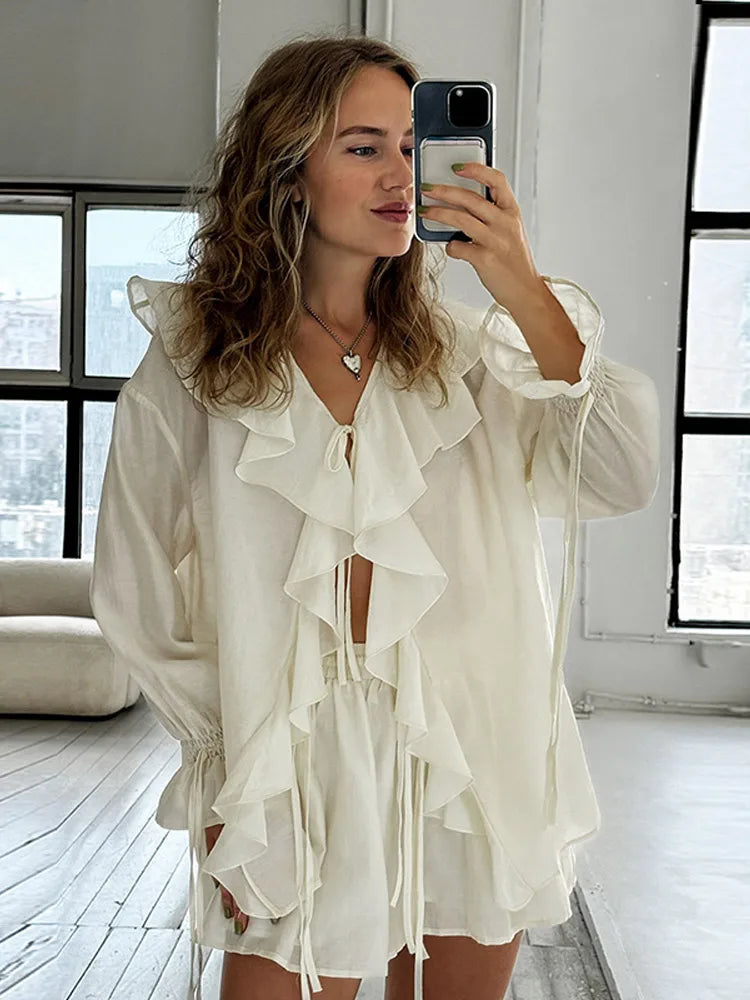 Sexy Solid Pleated Knot Mini Skirts Sets For Women Chic One Shoulder Flared Sleeve Loose Cape Tops Suits 2025 Lady Party Outfits