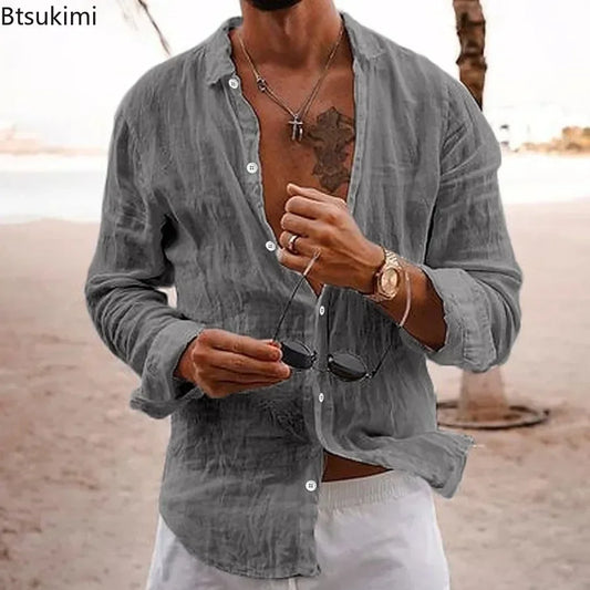 2025 Men's Cotton Linen Shirts Top Simple Laple Solid  Man Shirts Tops Comfortable Loose Casual Holiday Shirts for Men Blouses