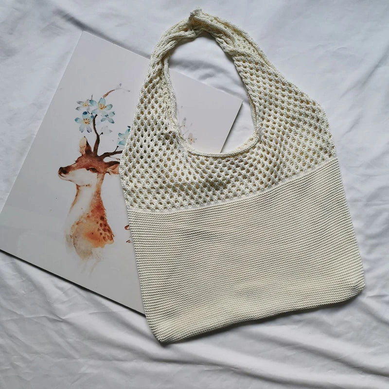 New Trend Women's Bag Crochet Handbag Retro Knitted Braid Solid Color Hollow Black Khaki Top-handle Tote Bag Shopper