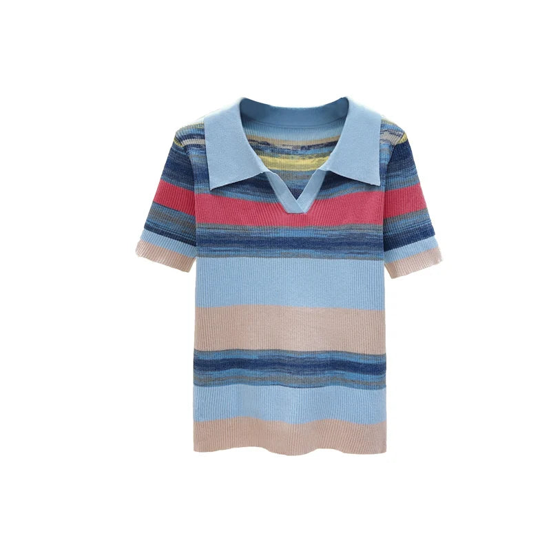 Summer Korean Knitted Tshirt Sweater For Women Rainbow Striped Stylish Fashion Loose Tops Shirt Short Sleeve Knitwear 2023