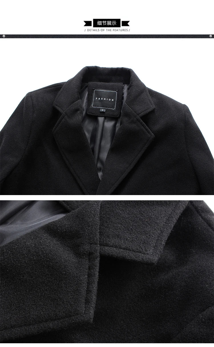 2025 Autumn Winter New Wool Men Long Cotton Coat Blend Pure Color Casual Business Fashion Slim Windbreaker Jacket Men Clothing