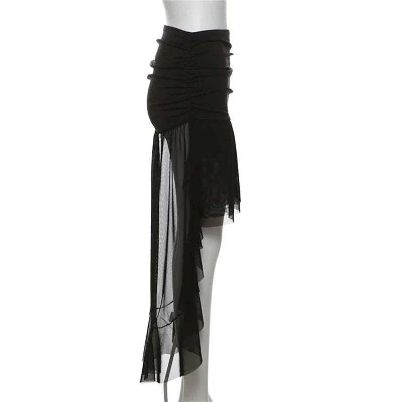 Lamuusaa Mesh Skirt y2k Clothes Women Solid Color High Waist Ruched Irregular Ruffle Hem Skirt Evening Party Skirts Streetwear