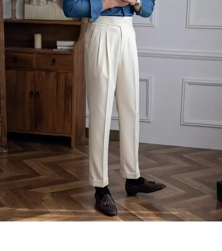High-waisted Casual Straight-leg Suit Pants For Men Autumn Vintage Draped Waist Trousers Naples Retro Style Business Formal Wear