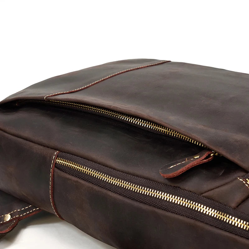 Vintage Travel Backpack leather double zipper bagpack male crazy horse leather backpack handmade leather travel bag men bag