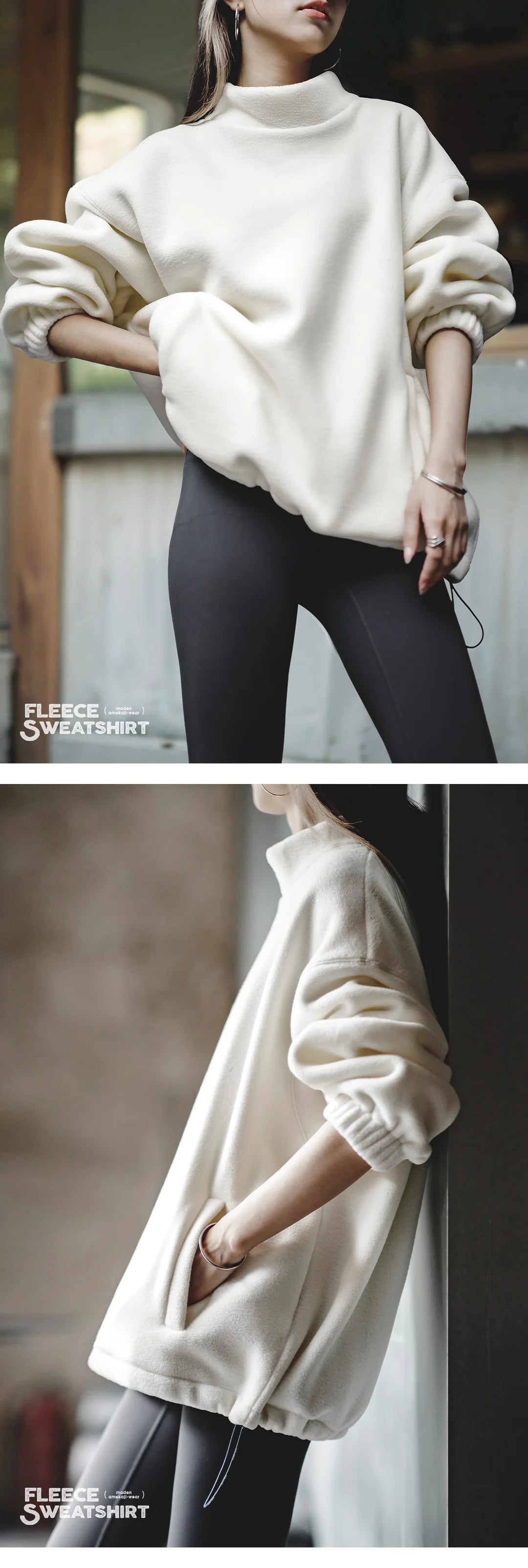 Maden Standing Collar Fleece Sweatshirt for Women Oversize Loose Warm Pullover Autumn and Winter Thick Sweater Basic Sweatshirt