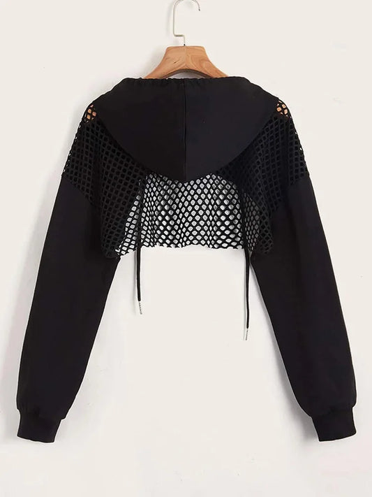 Street Sport Drop Shoulder Drawstring Hollow Out Super Crop Sports Hoodie Without Cami Top