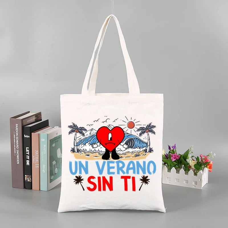 Un Verano Sin Ti Gift Bag Set, Bad Bunny Print Tote Bag, Casual Canvas Shoulder Bag with Mini Storage Bag