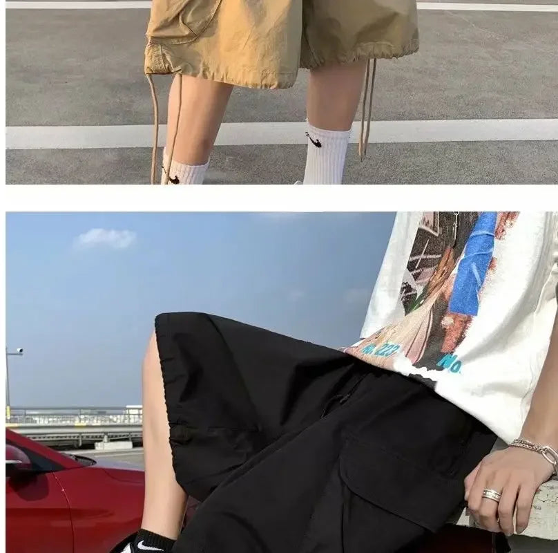 Khaki 7-point Men Summer Thin Japanese Workwear Wide-leg Loose Over-knee Shorts