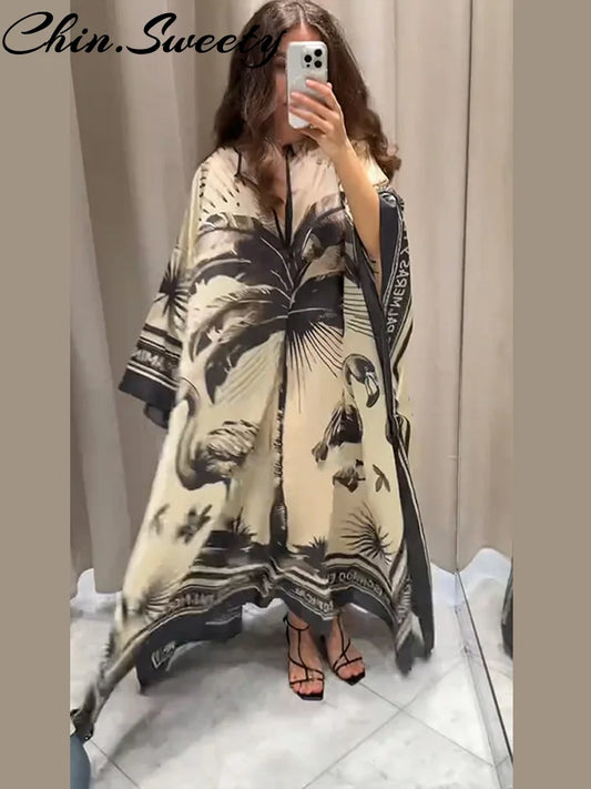 Fashion Print Pleated Long Dresses Women Party O-neck Full Sleeve Female Holiday Dresses 2025 Summer Lady Elegant  Robes