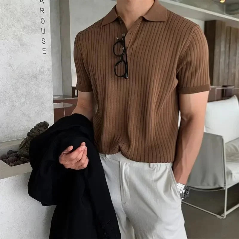 Summer New Light Maturity Knitted Polo Shirt Men's Korean Style Slim Fit Collar Pure Color Casual T-Shirt Cross-Border