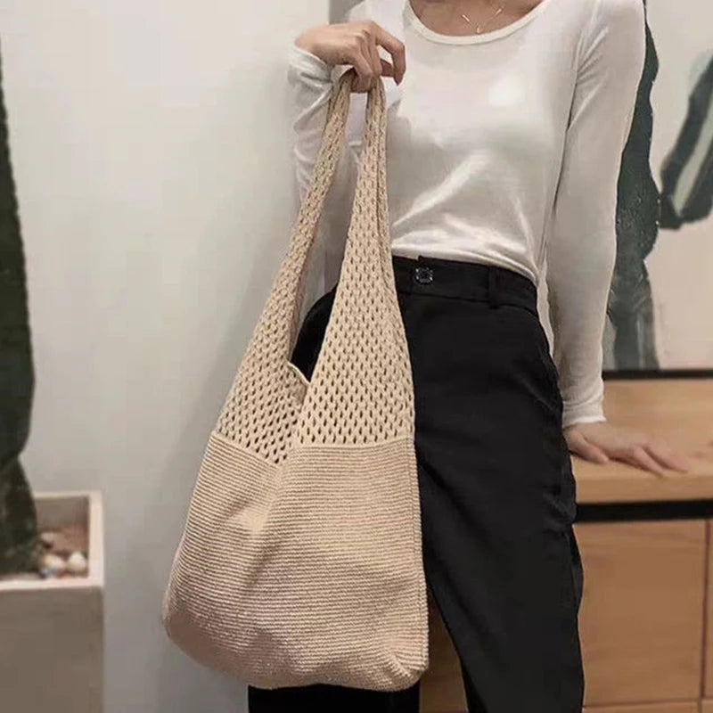 New Trend Women's Bag Crochet Handbag Retro Knitted Braid Solid Color Hollow Black Khaki Top-handle Tote Bag Shopper