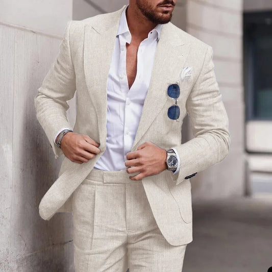 Fashion Linen Suits for Men High Quality Peak Lapel Double One Button Male Suit Slim Chic Casual Wedding Tuxedo 2 Piece Costume