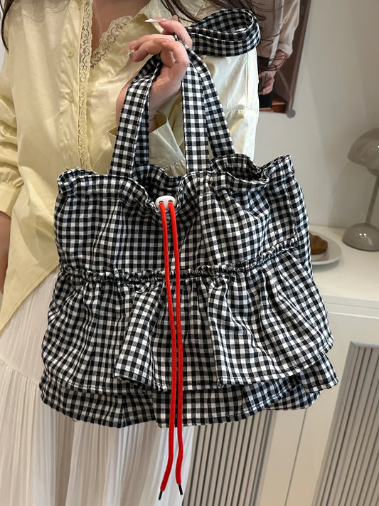 Korean Sle Large Capaci Canvas Tote Bag Blue Plaid Single oulder Skirt Pleated Gown Bag Faionable Casual Handbag