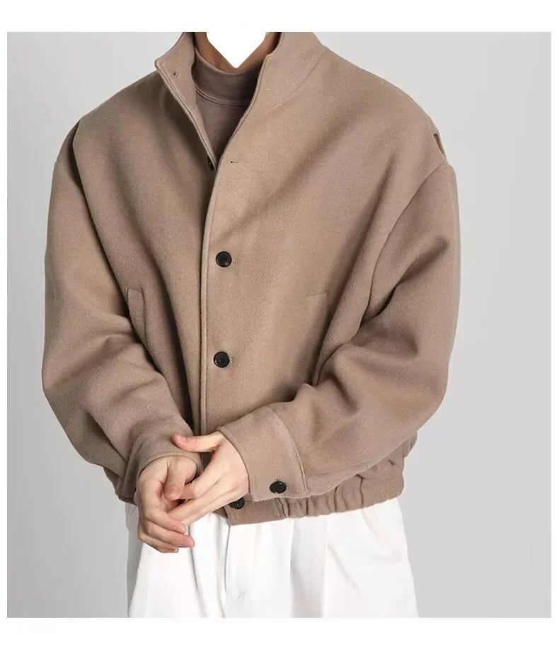 Autumn Winter Men's Fashion Stand Collar Jacket Woolen Coat British Style Baseball Design Workwear Thin Model Summer Suitable