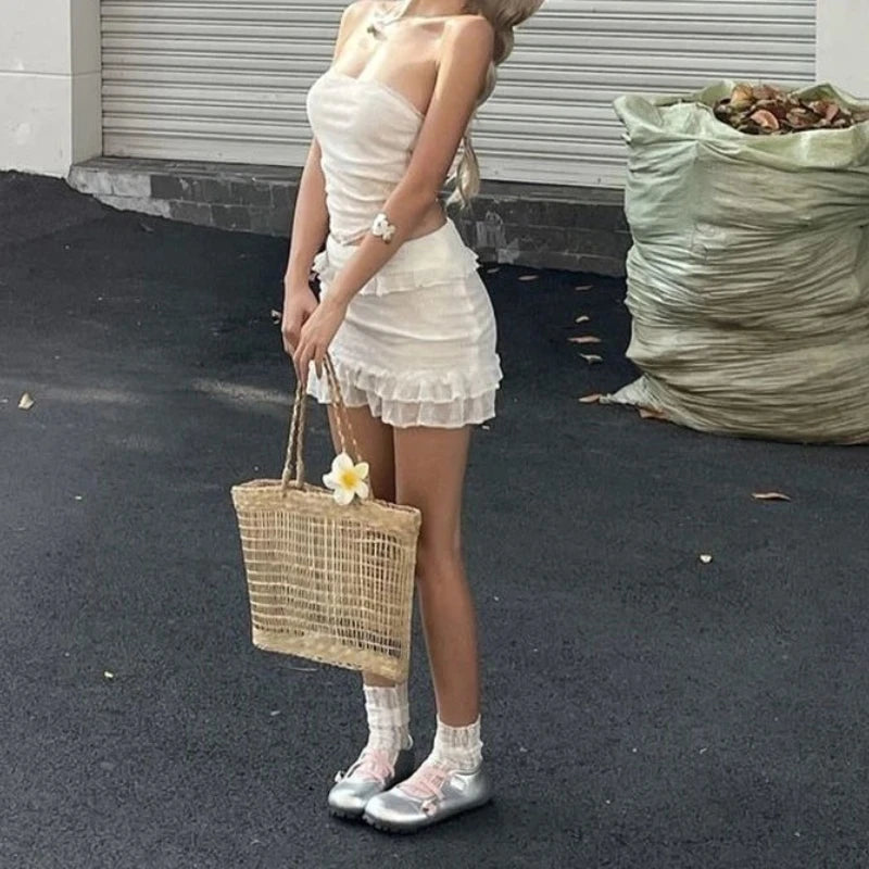 2025 Summer Outing Vacation Sexy Pure Desire Textured Strapless Low-waisted Lace Layered Short Dress Set