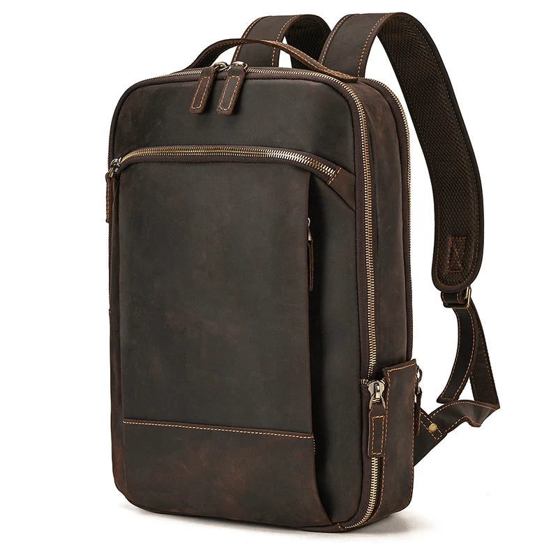Vintage Travel Backpack leather double zipper bagpack male crazy horse leather backpack handmade leather travel bag men bag