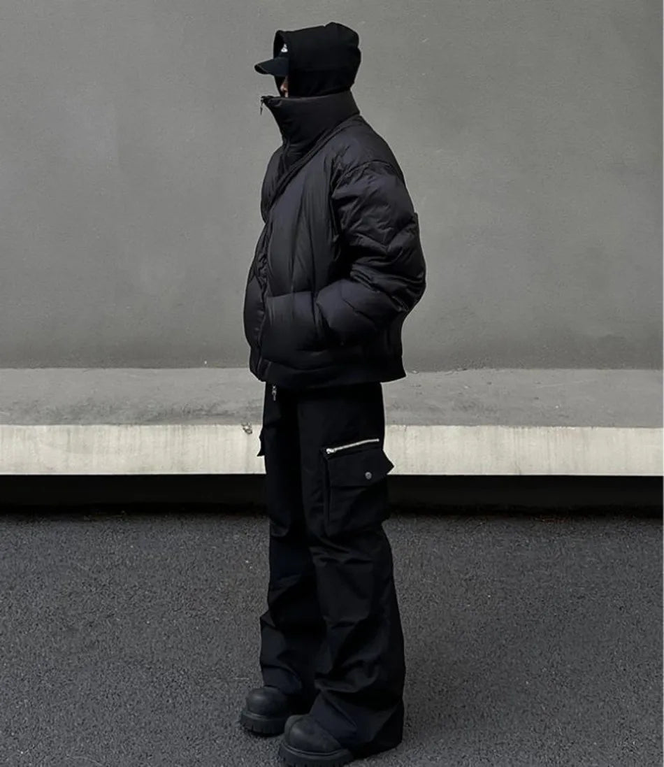 Black Stand Collar Cotton Jacket Mens Heavy Weight Winter Trend High Street Short Parkas Thickening Warm Fluffy Bread Coats