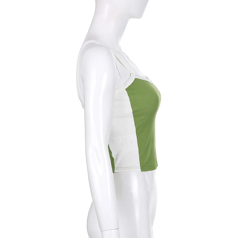 2025 Summer Casual Cami Backless Y2k Vintage Tank Top WomenSleeveless Knitted Crop Tops Green Sexy Basic Patchwork