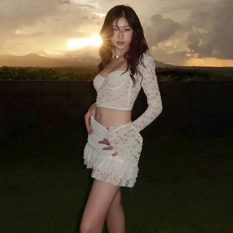 WhereMery French Elegant Y2K Lace See-through Long Sleeve Crop Top and Ruched Slim Skinny Mini Skirt Fashion Women's 2 Piece Set