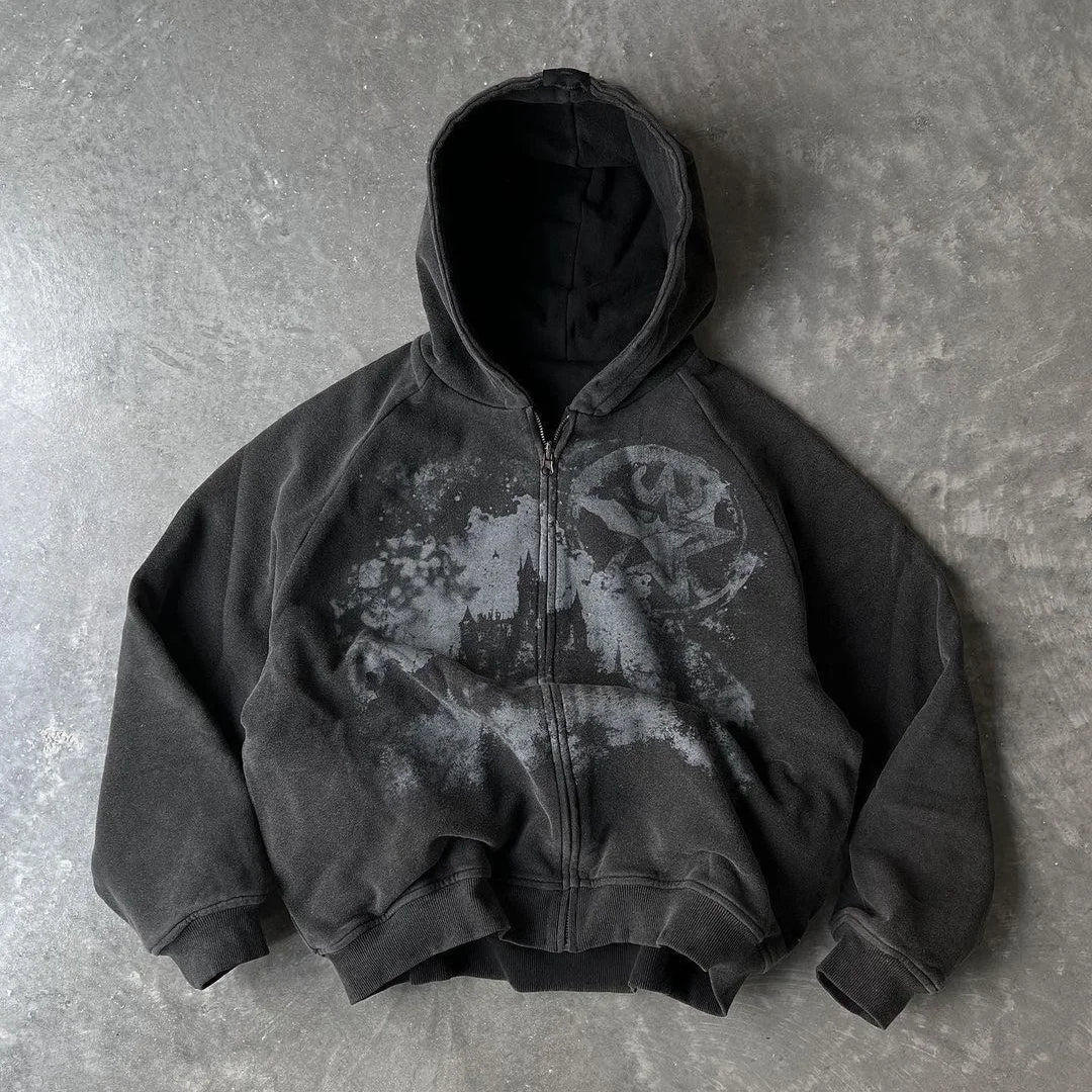 British Gothic Punk Style Printed Star Patch Embroidery Mens and Womens Hooded Cardigan Harajuku Retro Oversized Bat Sleeve Top
