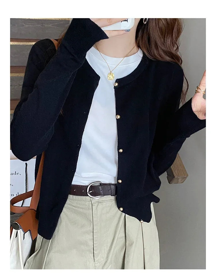 Solid Color Knitted for Women Cardigan Korean Single Breasted Long Sleeve Jumper Woman Round Neck All Match Cardigans Outwear