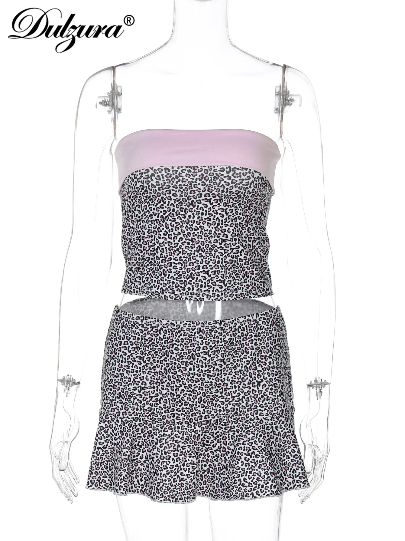 Dulzura Leopard Sexy Elegant Casual 2 Piece Skirt Set Chest Wrapping Patchwork Tank Top Short Skirt Matching Set Party Clubwear