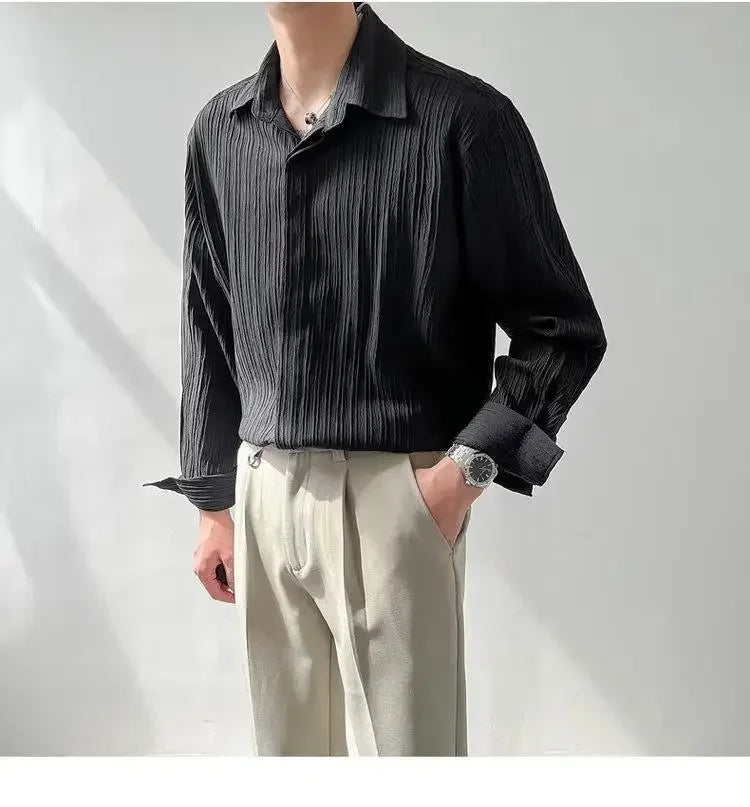 Trendy Stylish Striped No-iron Shirt Autumn Texture Top Korean Version Loose-fit Casual Long Sleeves Shirt For Men