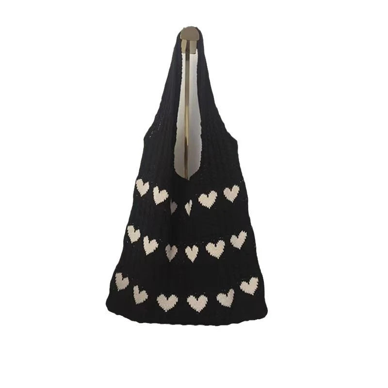 Women Knitted Bag Woven Love Heart  Pattern Wool Portable Shoulder Bag Shopping Bags Workers Students Daily Commuter Bags